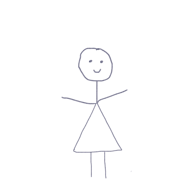 Sarah Dehring Ein stick-figure mit rundem Kopf, lächelndem Gesicht und einem Kleid.